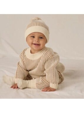 Quincy Mae Cream and Tan Striped Knit Baby Set | 12-18 Mo.